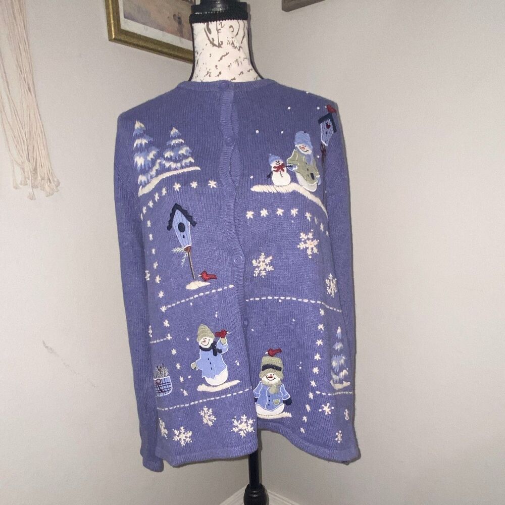 Croft & Barrow Women's Blue Snowman Button Front Knit GrandmaCardigan Sweater XL